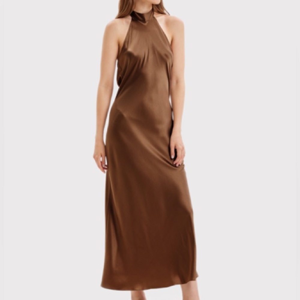 Nap Loungewear French Bow Halterneck Silk Long Dress in Mocha